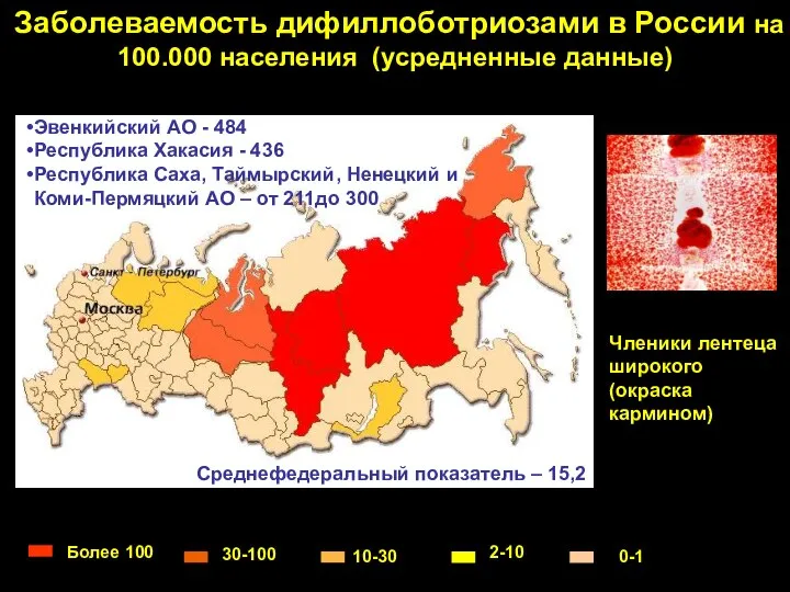 Заболеваемость дифиллоботриозами в России на 100.000 населения (усредненные данные) Более 100