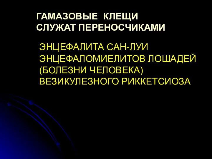 ЭНЦЕФАЛИТА САН-ЛУИ ЭНЦЕФАЛОМИЕЛИТОВ ЛОШАДЕЙ (БОЛЕЗНИ ЧЕЛОВЕКА) ВЕЗИКУЛЕЗНОГО РИККЕТСИОЗА ГАМАЗОВЫЕ КЛЕЩИ СЛУЖАТ ПЕРЕНОСЧИКАМИ: