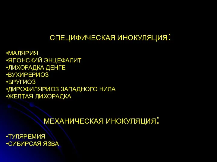 СПЕЦИФИЧЕСКАЯ ИНОКУЛЯЦИЯ: КОМАРЫ СЛУЖАТ ПЕРЕНОСЧИКАМИ: МАЛЯРИЯ ЯПОНСКИЙ ЭНЦЕФАЛИТ ЛИХОРАДКА ДЕНГЕ ВУХИРЕРИОЗ