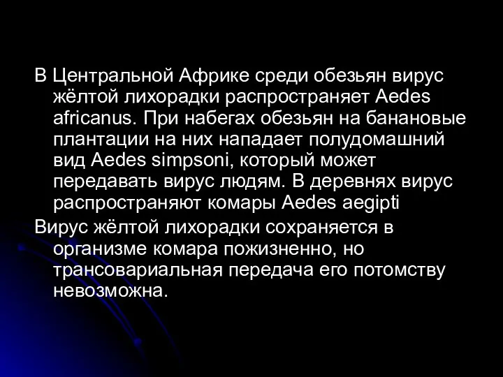 В Центральной Африке среди обезьян вирус жёлтой лихорадки распространяет Аеdеs africanus.