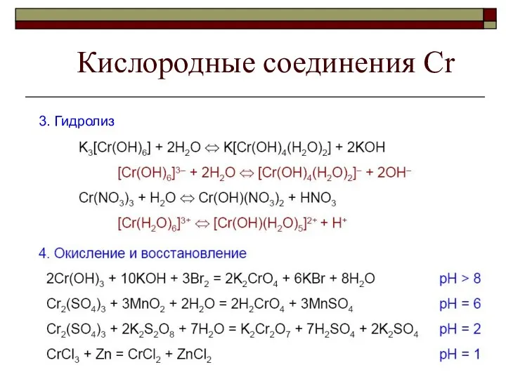 Кислородные соединения Cr 3. Гидролиз