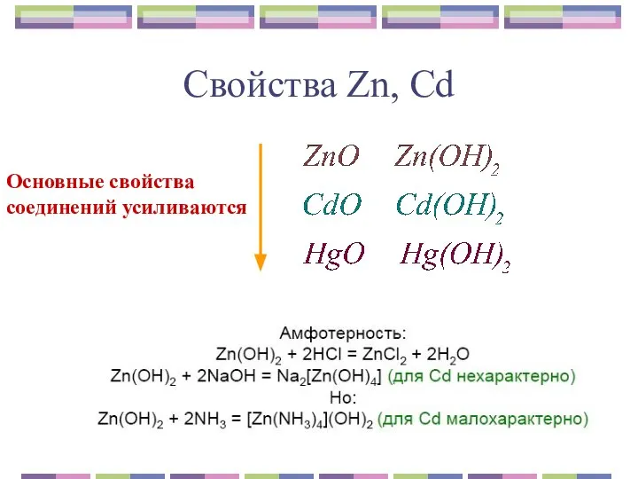 Cвойства Zn, Cd Основные свойства соединений усиливаются