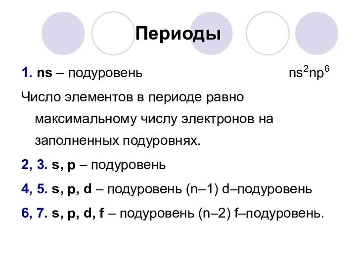 Периоды 1. ns – подуровень ns2np6 Число элементов в периоде равно
