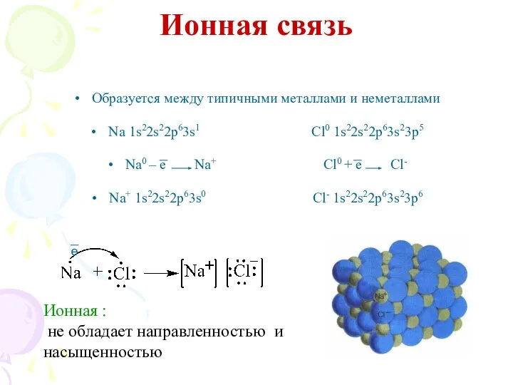 Ионная связь Образуется между типичными металлами и неметаллами Na 1s22s22p63s1 Cl0