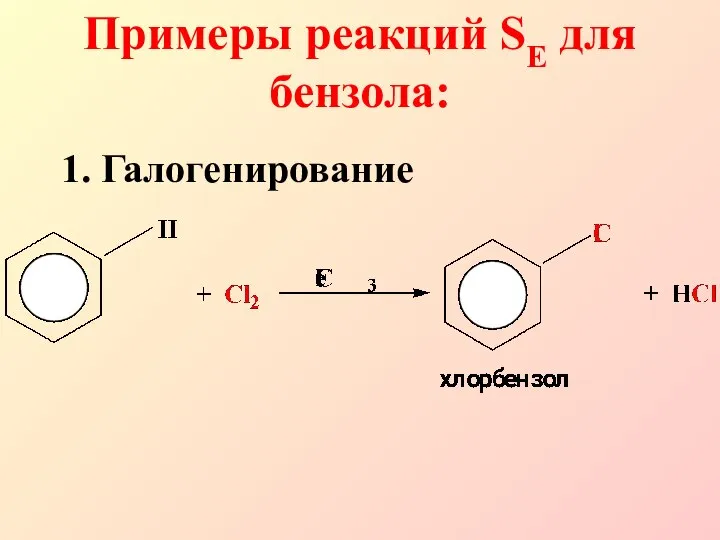 1. Галогенирование Примеры реакций SE для бензола: