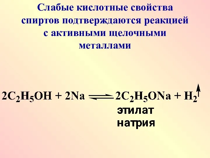 Слабые кислотные свойства спиртов подтверждаются реакцией с активными щелочными металлами