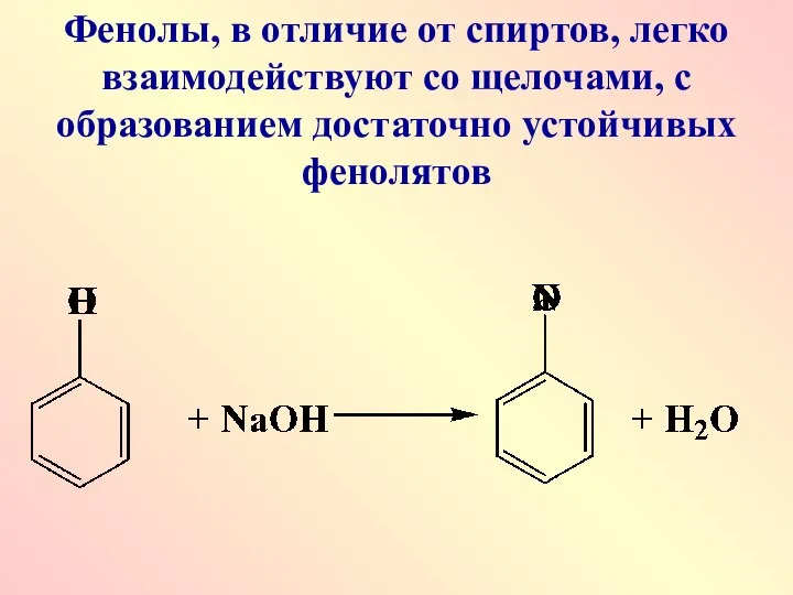 Фенолы, в отличие от спиртов, легко взаимодействуют со щелочами, с образованием достаточно устойчивых фенолятов