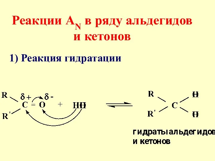 Реакции АN в ряду альдегидов и кетонов 1) Реакция гидратации