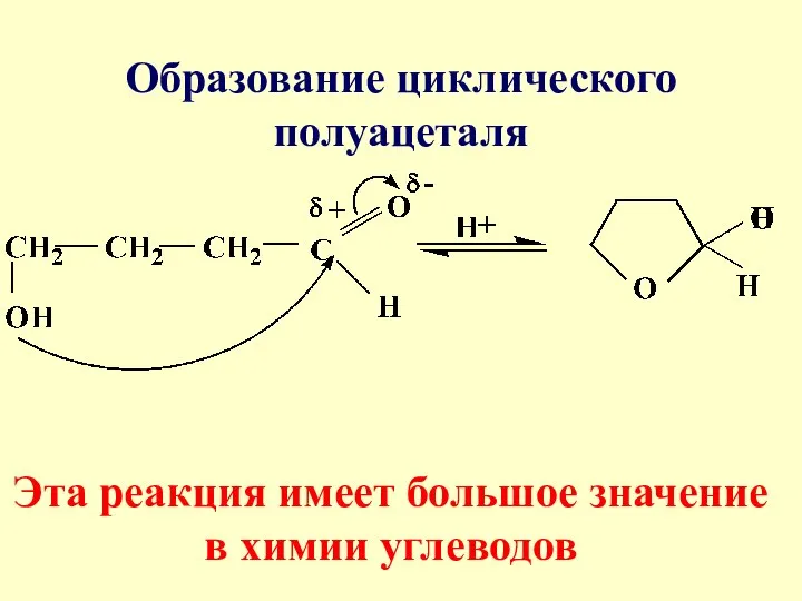 Образование циклического полуацеталя Эта реакция имеет большое значение в химии углеводов