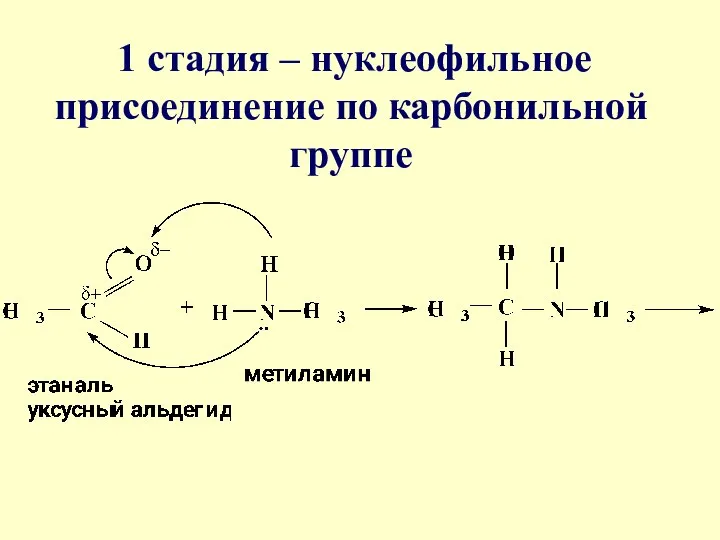 1 стадия – нуклеофильное присоединение по карбонильной группе