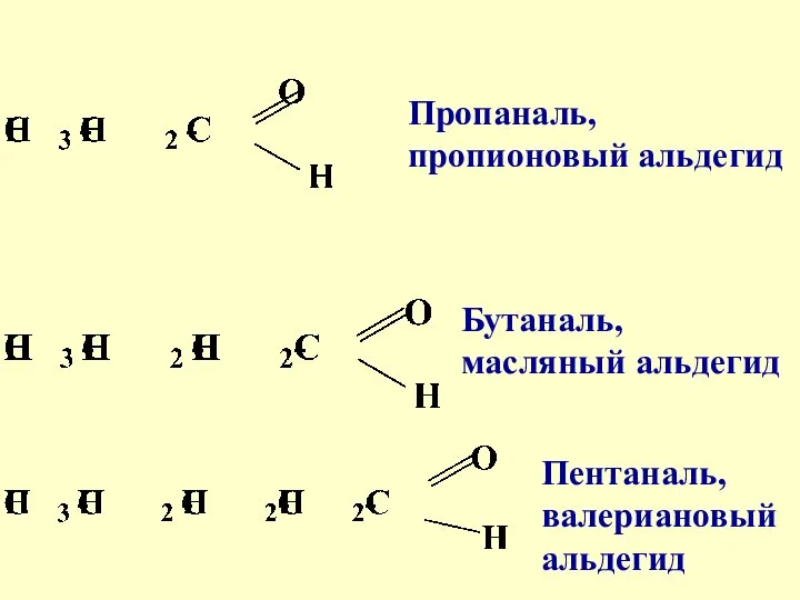 Пропаналь, пропионовый альдегид Бутаналь, масляный альдегид Пентаналь, валериановый альдегид