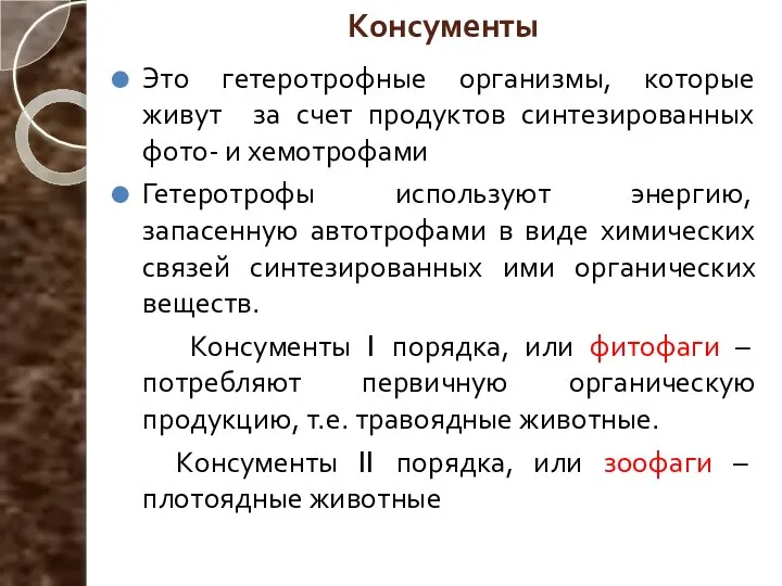 Консументы Это гетеротрофные организмы, которые живут за счет продуктов синтезированных фото-