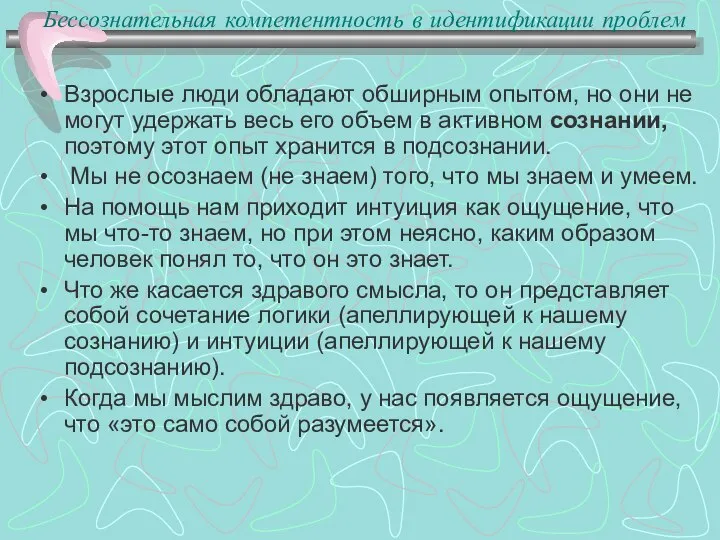 Бессознательная компетентность в идентификации проблем Взрослые люди обладают обширным опытом, но