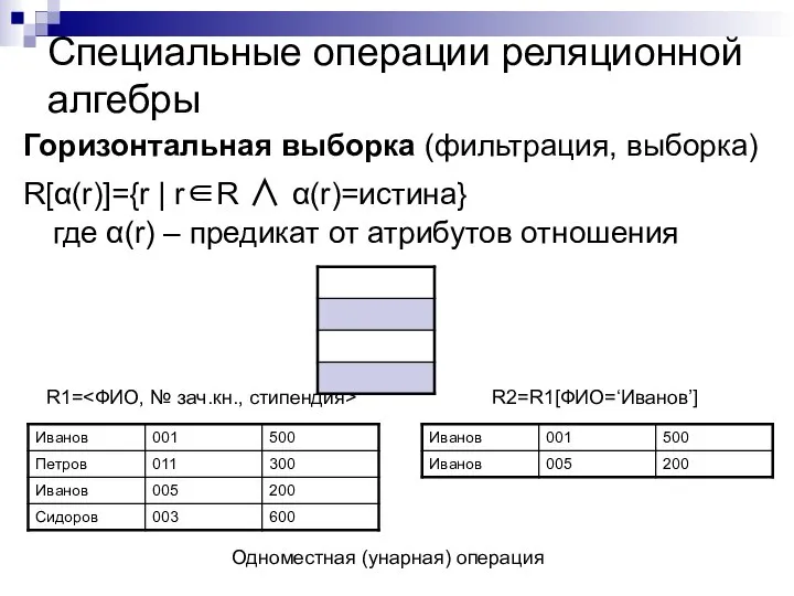 Специальные операции реляционной алгебры Горизонтальная выборка (фильтрация, выборка) R[α(r)]={r | r∈R