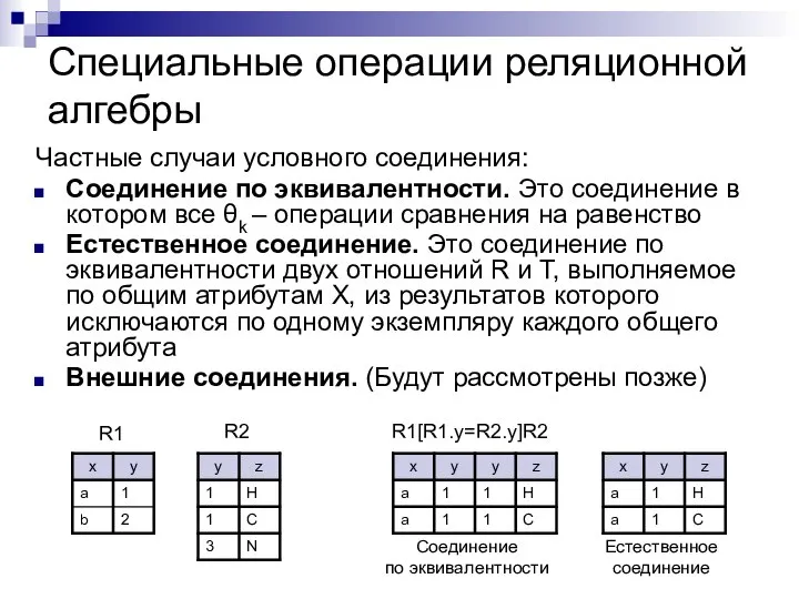 Специальные операции реляционной алгебры Частные случаи условного соединения: Соединение по эквивалентности.