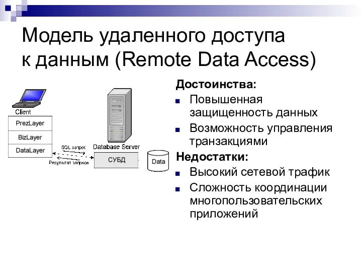 Модель удаленного доступа к данным (Remote Data Access) Достоинства: Повышенная защищенность