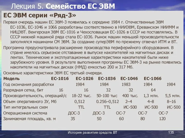 История развития средств ВТ Лекция 5. Семейство ЕС ЭВМ ЕС ЭВМ