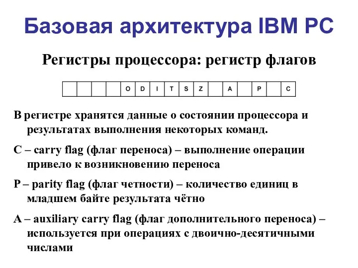 Базовая архитектура IBM PC Регистры процессора: регистр флагов В регистре хранятся