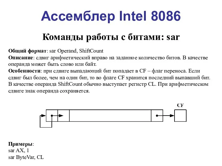 Ассемблер Intel 8086 Команды работы с битами: sar Общий формат: sar