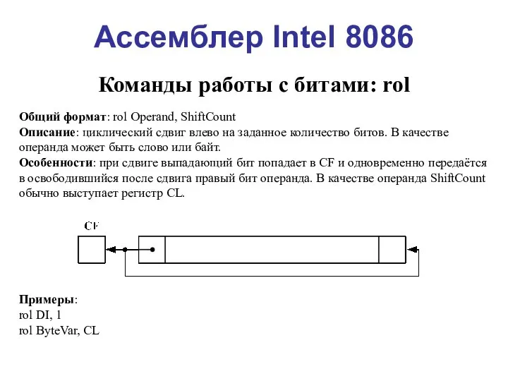 Ассемблер Intel 8086 Команды работы с битами: rol Общий формат: rol