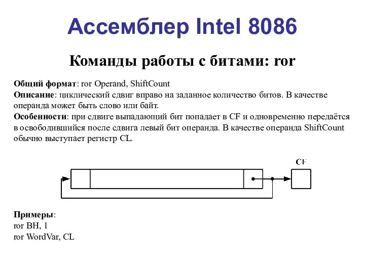 Ассемблер Intel 8086 Команды работы с битами: ror Общий формат: ror