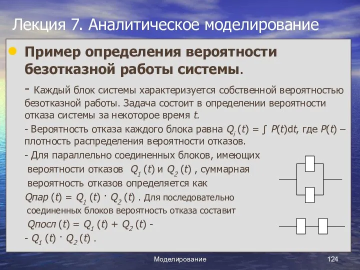 Моделирование Лекция 7. Аналитическое моделирование Пример определения вероятности безотказной работы системы.