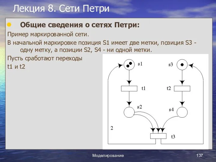 Моделирование Лекция 8. Сети Петри Общие сведения о сетях Петри: Пример