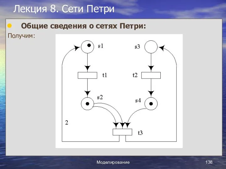 Моделирование Лекция 8. Сети Петри Общие сведения о сетях Петри: Получим: