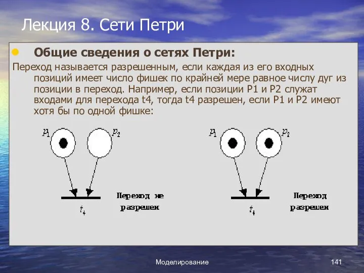 Моделирование Лекция 8. Сети Петри Общие сведения о сетях Петри: Переход