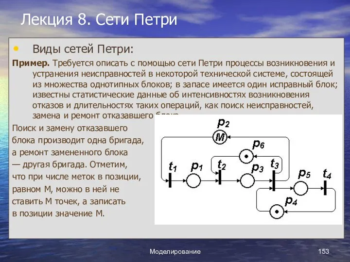 Моделирование Лекция 8. Сети Петри Виды сетей Петри: Пример. Требуется описать