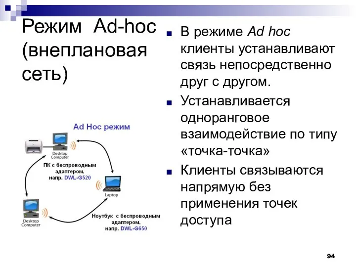 Режим Ad-hoc (внеплановая сеть) В режиме Ad hoc клиенты устанавливают связь