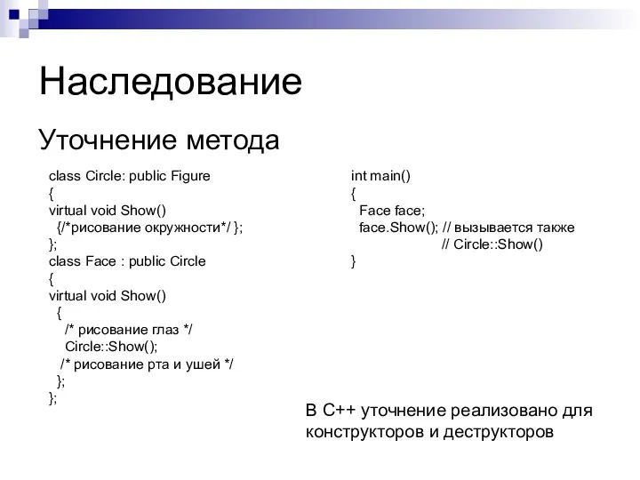 Наследование Уточнение метода class Circle: public Figure { virtual void Show()