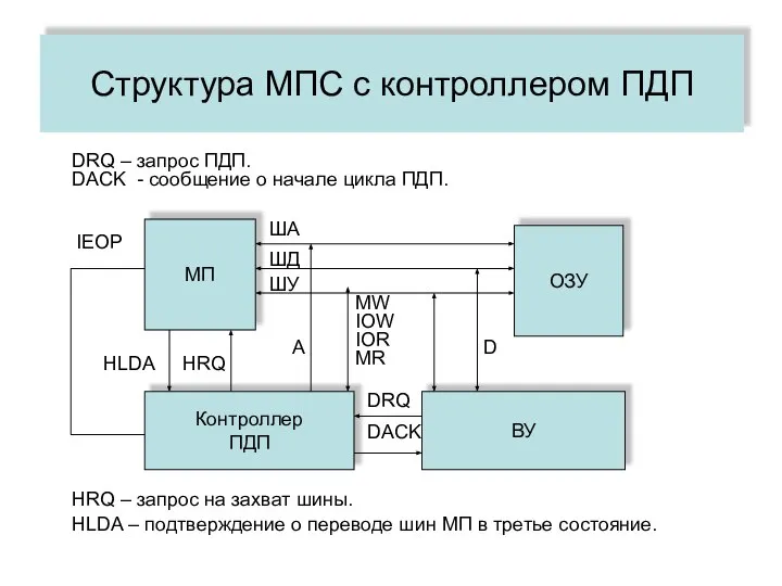 Структура МПС с контроллером ПДП МП ОЗУ Контроллер ПДП ВУ ША