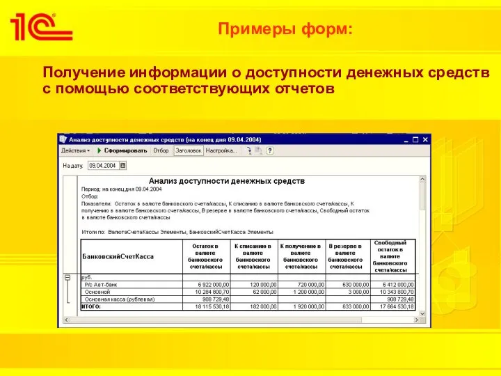 Примеры форм: Получение информации о доступности денежных средств с помощью соответствующих отчетов