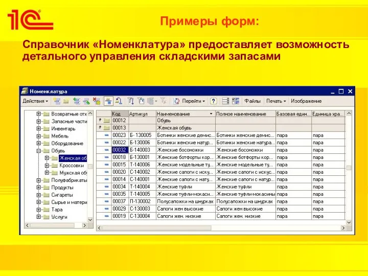 Примеры форм: Справочник «Номенклатура» предоставляет возможность детального управления складскими запасами