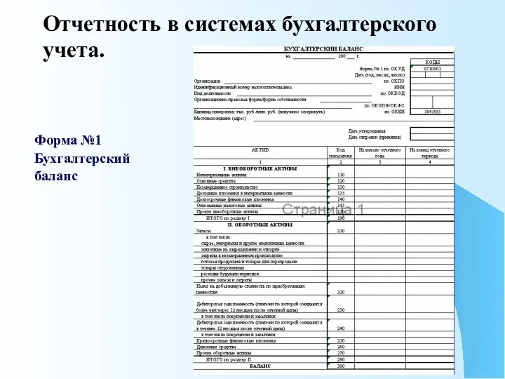 Отчетность в системах бухгалтерского учета. Форма №1 Бухгалтерский баланс