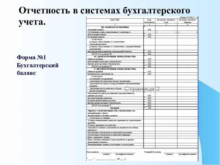 Отчетность в системах бухгалтерского учета. Форма №1 Бухгалтерский баланс