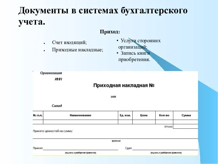 Документы в системах бухгалтерского учета. Счет входящий; Приходные накладные; Услуги сторонних организаций; Запись книги приобретения. Приход: