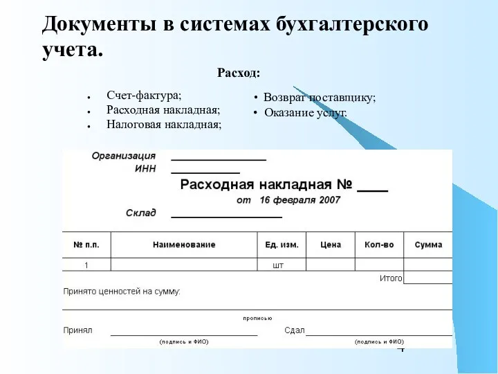 Документы в системах бухгалтерского учета. Счет-фактура; Расходная накладная; Налоговая накладная; Возврат поставщику; Оказание услуг. Расход: