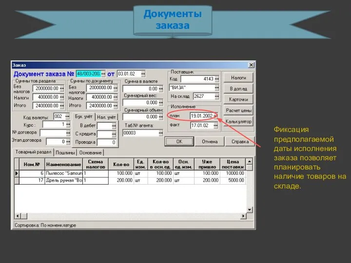 Фиксация предполагаемой даты исполнения заказа позволяет планировать наличие товаров на складе. Документы заказа