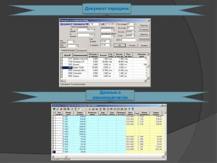 Документ передачи Данные о взаиморасчетах