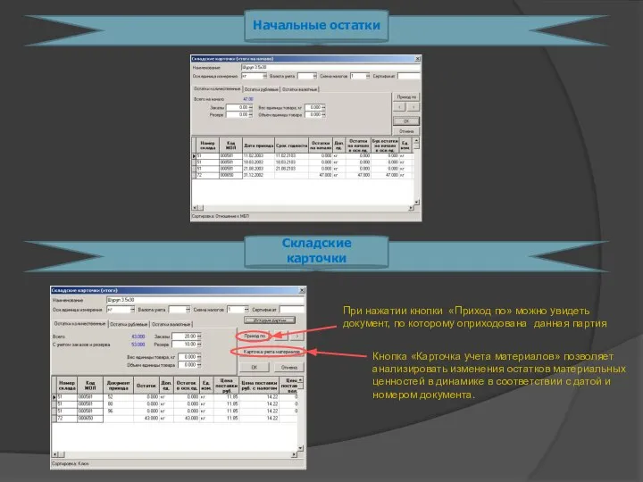 Начальные остатки Складские карточки При нажатии кнопки «Приход по» можно увидеть