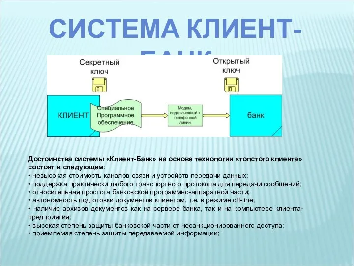 СИСТЕМА КЛИЕНТ-БАНК Достоинства системы «Клиент-Банк» на основе технологии «толстого клиента» состоят