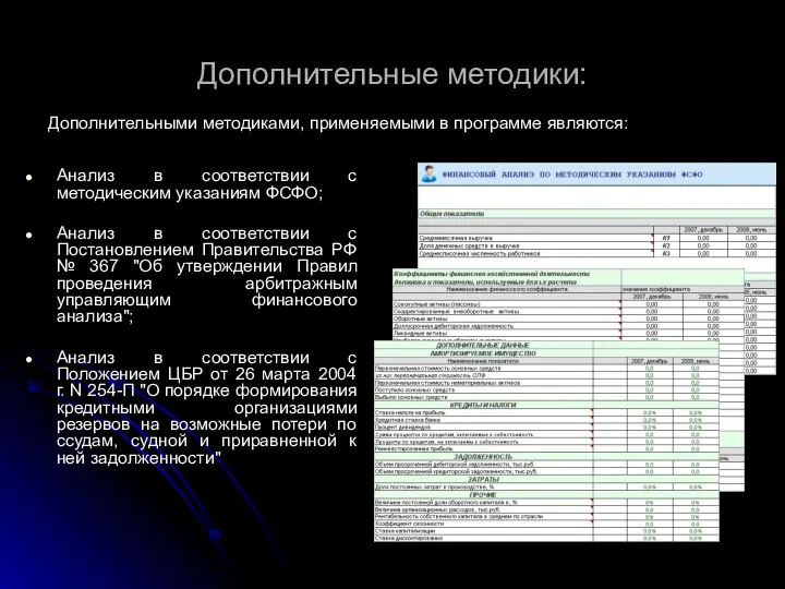 Дополнительные методики: Анализ в соответствии с методическим указаниям ФСФО; Анализ в