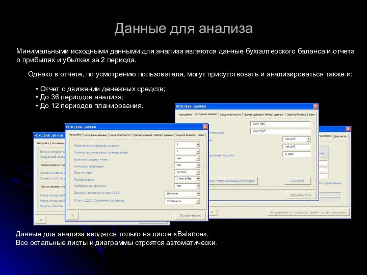 Данные для анализа Данные для анализа вводятся только на листе «Balance».