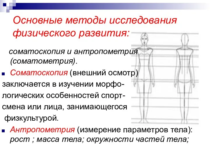 Основные методы исследования физического развития: соматоскопия и антропометрия (соматометрия). Соматоскопия (внешний