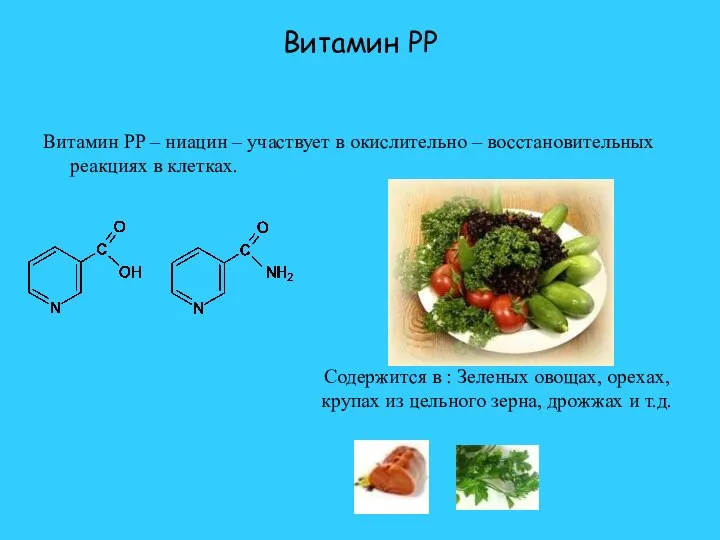 Витамин PP Витамин PP – ниацин – участвует в окислительно –