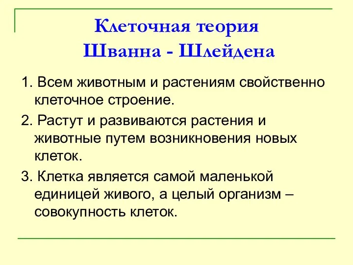 Клеточная теория Шванна - Шлейдена 1. Всем животным и растениям свойственно