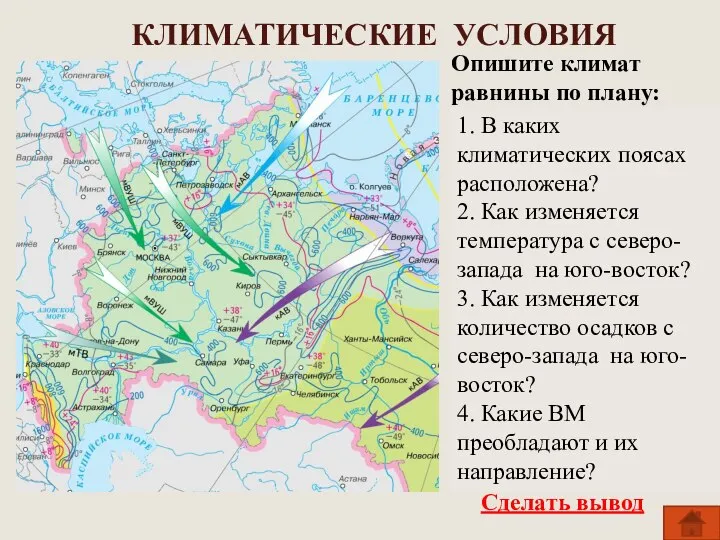 КЛИМАТИЧЕСКИЕ УСЛОВИЯ Опишите климат равнины по плану: Сделать вывод Климат умеренно-континетальный,