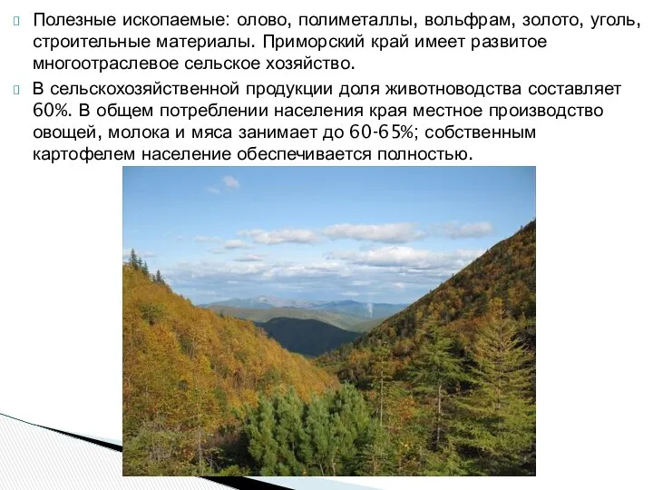 Полезные ископаемые: олово, полиметаллы, вольфрам, золото, уголь, строительные материалы. Приморский край